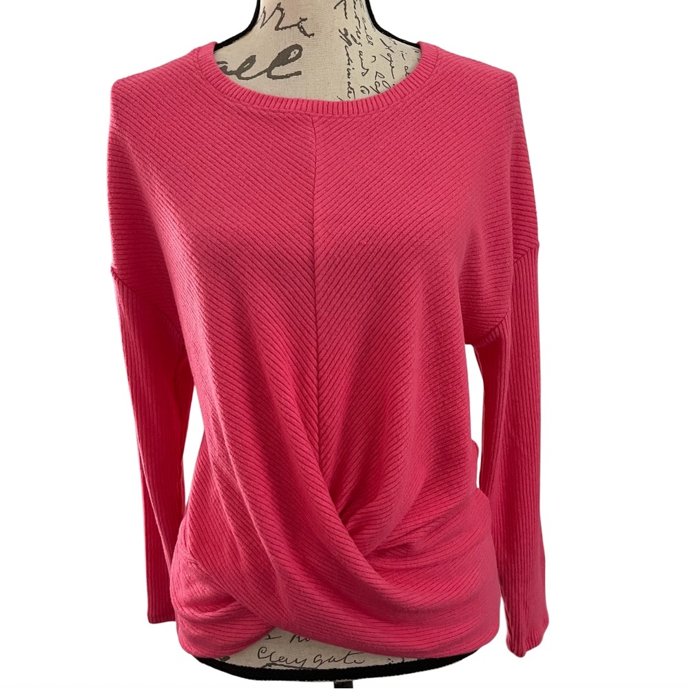 NWT Express Crew Neck Twist Front Soft Ribbed Knit Top Coral Pink XS